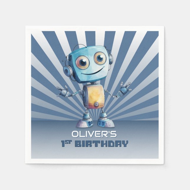 Retro Robot Theme 1st Birthday Napkin (Front)