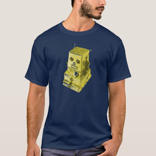 Retro Robot Toy Yellow on Blue T-Shirt (Front)