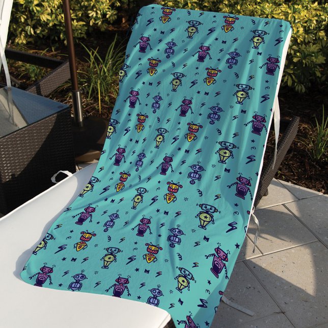 Retro Robotic Robots Colourful Blue Pattern Beach Towel (Creator Uploaded)