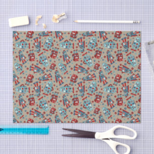 Retro Robots Blue and Red Patterned Tissue Paper