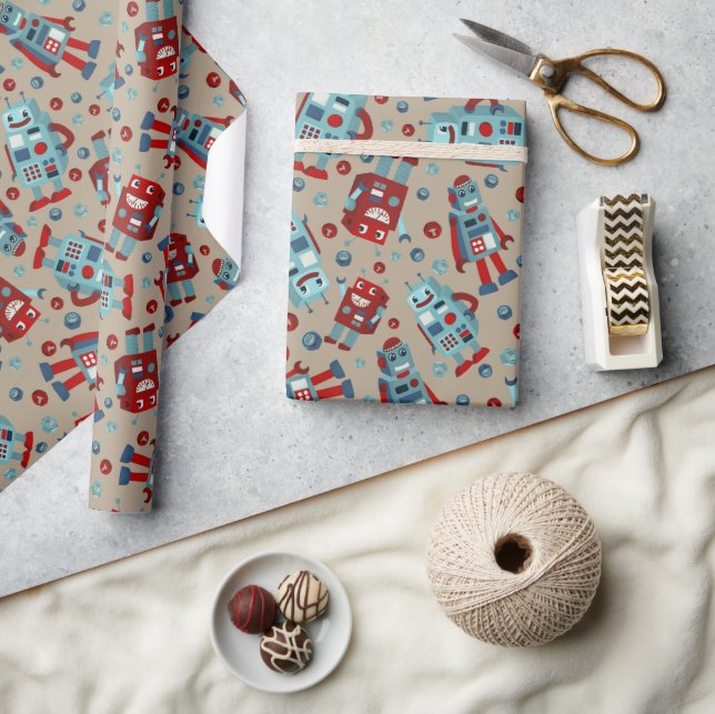 Retro Robots Blue and Red Patterned Wrapping Paper (Crafts)