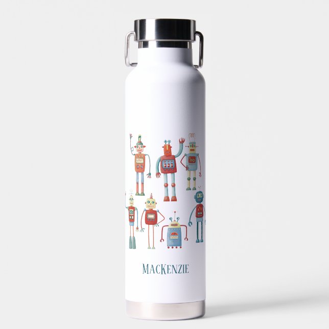 Retro Robots Fun Personalised Water Bottle (Front)