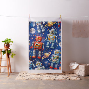Retro robots in space fabric, colourful outer spac fabric