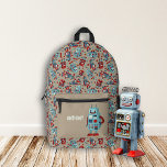 Retro Robots Personalised Printed Backpack<br><div class="desc">The front pocket of this backpack is ready to be personalised with a name or initials. It features a cute illustration of a retro robot in light blue against a tan background. The rest of the backpack has a pattern of robots in red and blue along with coordinating hex nuts...</div>