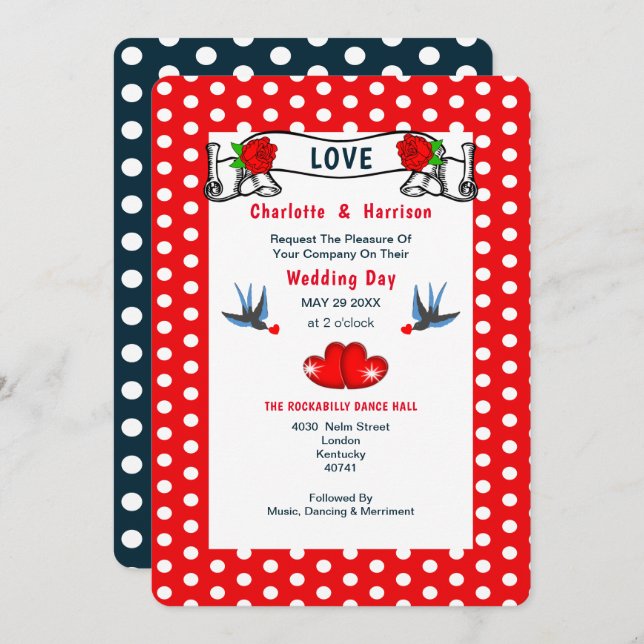 Retro Rockabilly Polka Dot Wedding Invitation (Front/Back)