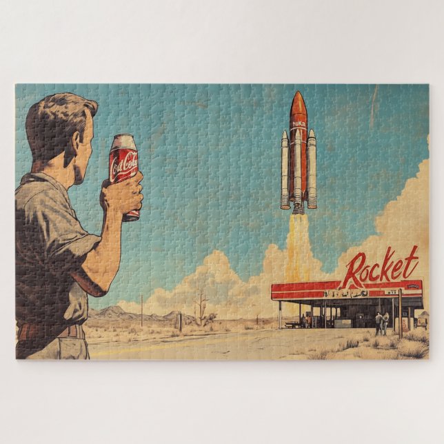 Retro Rocket Launch Poster Jigsaw Puzzle (Horizontal)