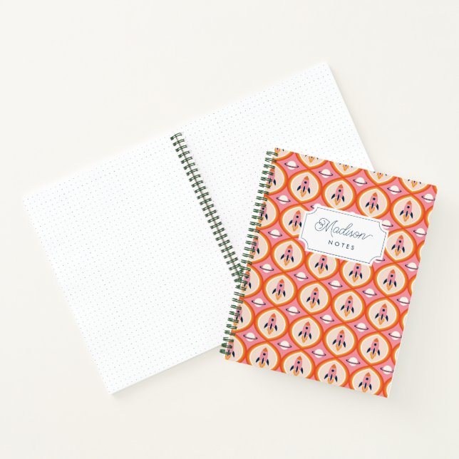 Retro Rocket Planet Orange and Pink Monogram Notebook (Inside)