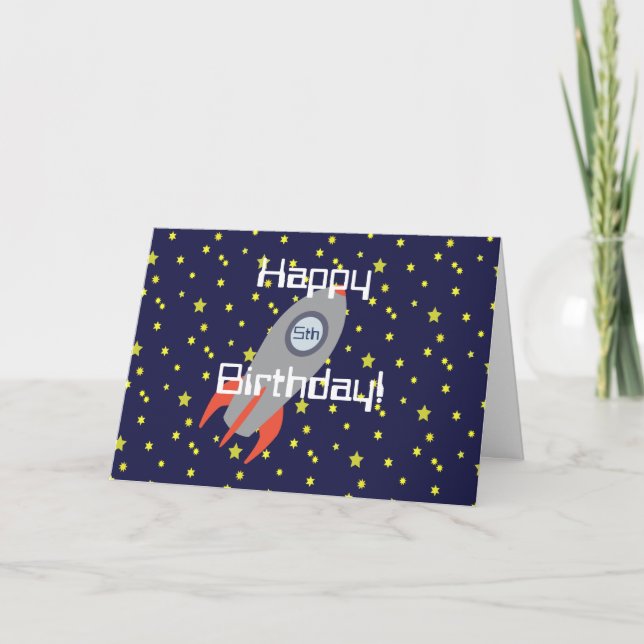 Retro Rocket Ship and Stars  Happy Birthday Card (Front)
