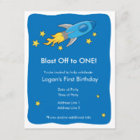 Retro Rocket Ship Blast Off Birthday Invitation