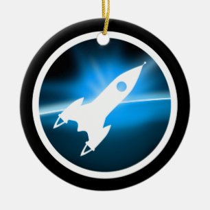 Retro Rocket Ship Graphic Ceramic Tree Decoration