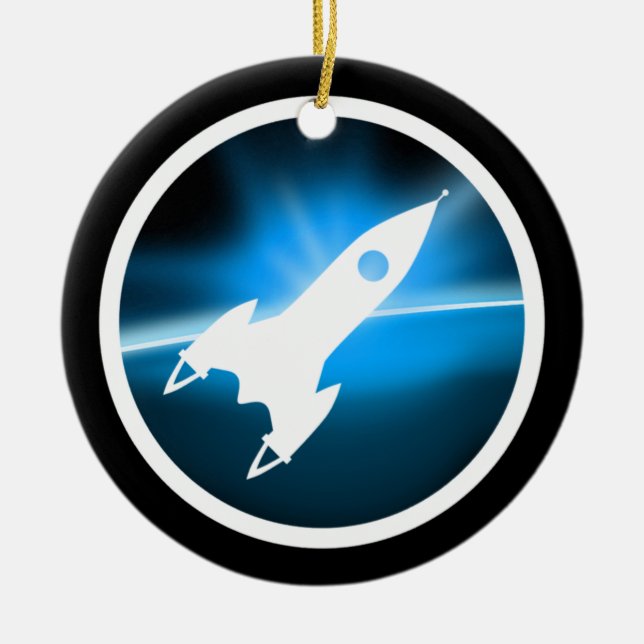 Retro Rocket Ship Graphic Ceramic Tree Decoration (Front)