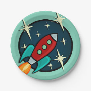 RETRO ROCKET SHIP GRAPHIC PAPER PLATE