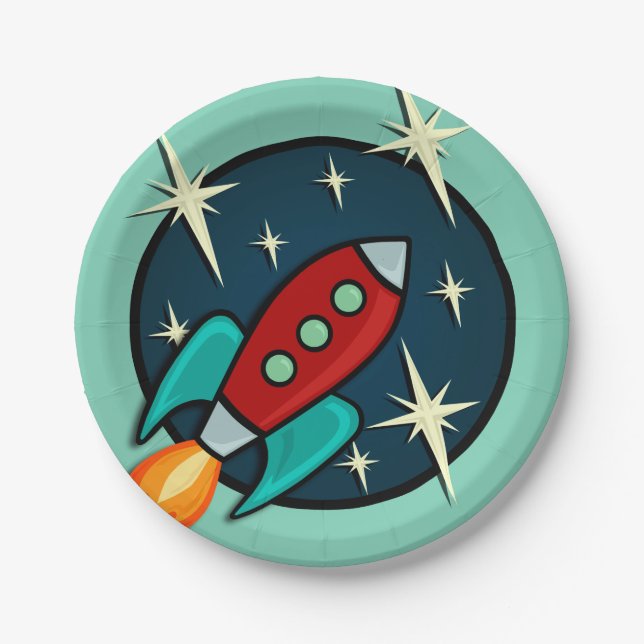 RETRO ROCKET SHIP GRAPHIC PAPER PLATE (Front)