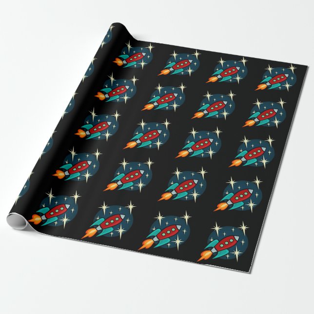 RETRO ROCKET SHIP MATTE WRAPPING PAPER (Unrolled)