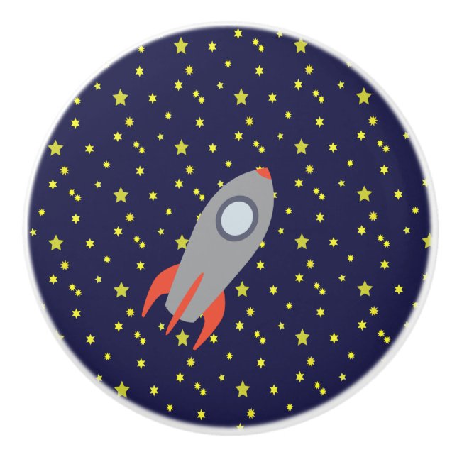 Retro Rocket Ship with Star Pattern Background Ceramic Knob (Front)