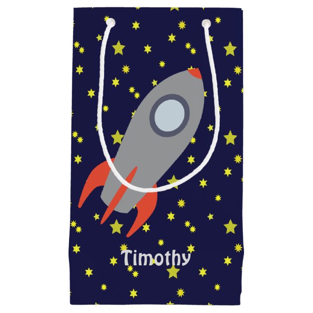Retro Rocket Ship with Star Pattern Background Small Gift Bag (Front)