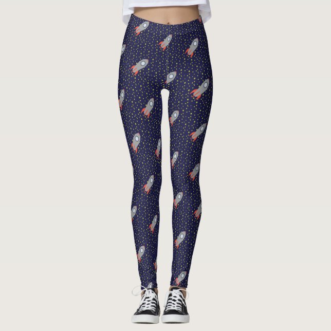 Retro Rocket Ship with Stars Pattern Background Leggings (Front)