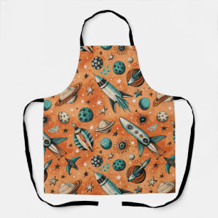 Retro Rocket Space Pattern Terracotta Teal Apron