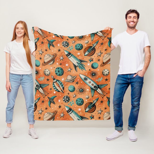 Retro Rocket Space Pattern Terracotta Teal Fleece Blanket (In Situ)
