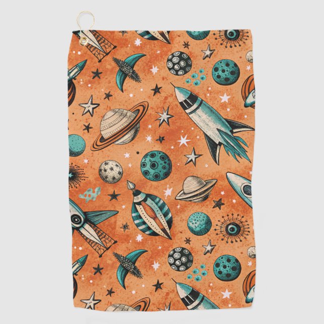 Retro Rocket Space Pattern Terracotta Teal Golf Towel (Front)