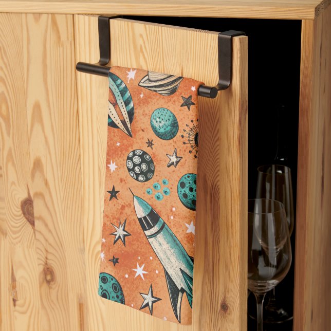 Retro Rocket Space Pattern Terracotta Teal Tea Towel (Thirds Fold)