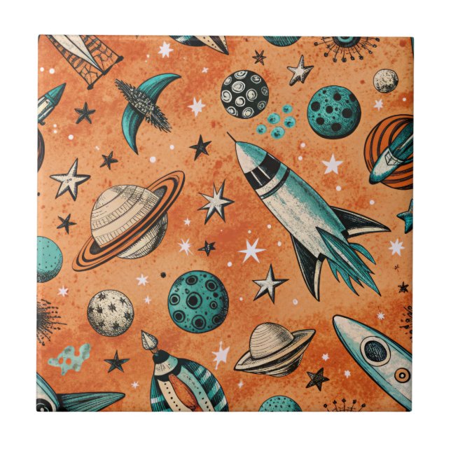 Retro Rocket Space Pattern Terracotta Teal Tile (Front)
