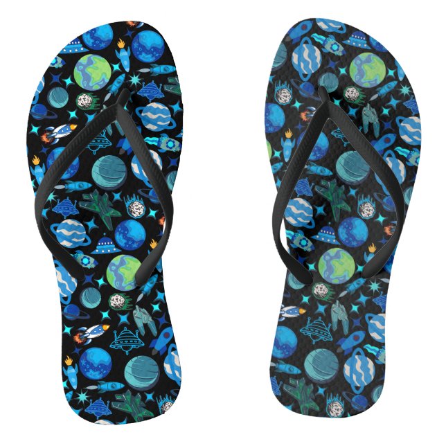 Retro Rockets in Space.Black BG Jandals (Footbed)