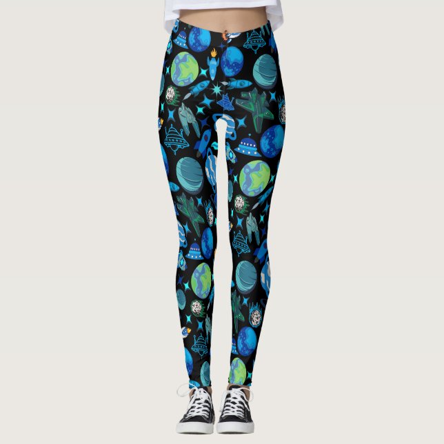 Retro Rockets in Space.Black BG Leggings (Front)
