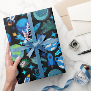 Retro Rockets in Space.Black BG Wrapping Paper