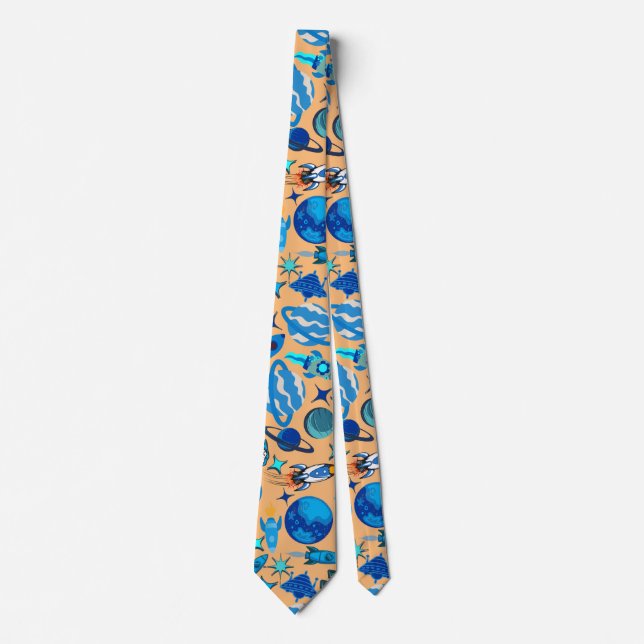 Retro Rockets in Space. L Orange BG Tie (Front)