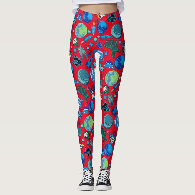 Retro Rockets in Space. Red BG Leggings (Front)