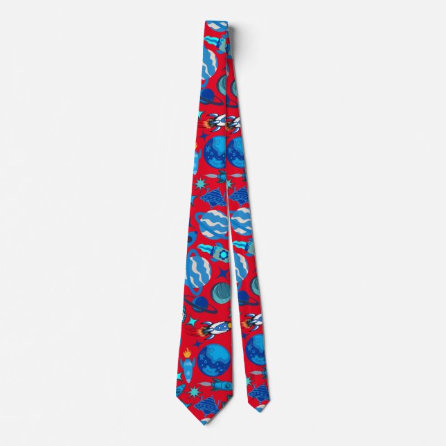 Retro Rockets in Space. Red BG Tie (Front)