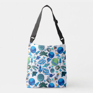 Retro Rockets in Space. White BG Crossbody Bag