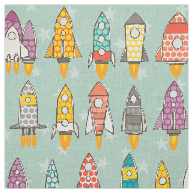 retro rockets mint fabric (Swatch)