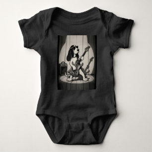 Retro Rockstar Basset Hound Guitarist Monochrome Baby Bodysuit