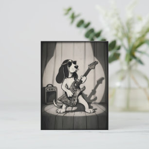 Retro Rockstar Basset Hound Guitarist Monochrome Postcard