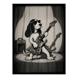 Retro Rockstar Basset Hound Guitarist Monochrome Poster