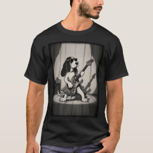 Retro Rockstar Basset Hound Guitarist Monochrome T-Shirt