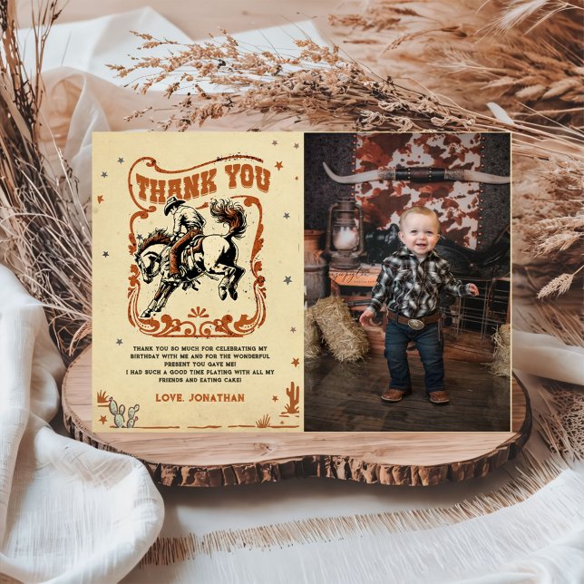 Retro Rodeo Western Cowboy Birthday Photo Thank You Card (Creator Uploaded)