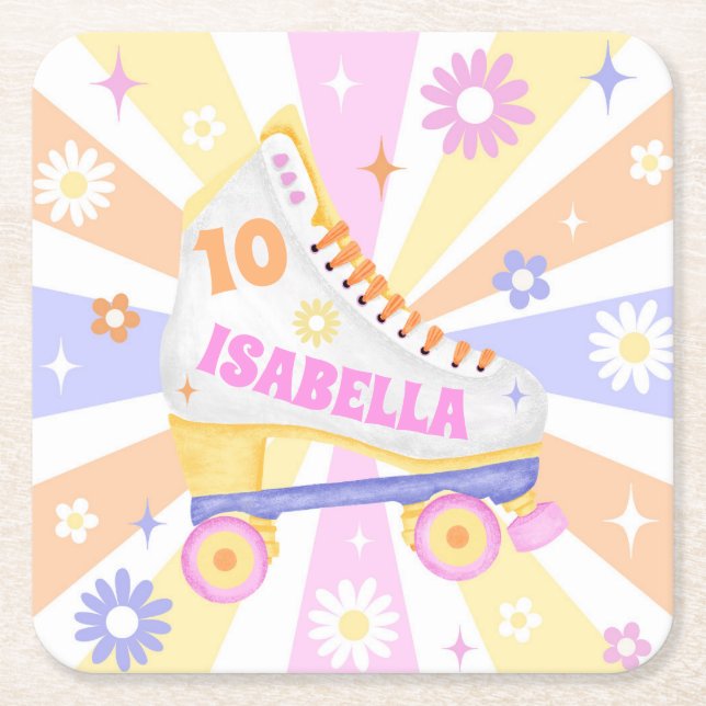 Retro Roller Rink Birthday Party Square Paper Coaster (Front)