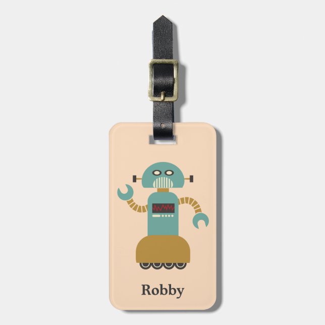 Retro Roller Robot Personalised Luggage Tag (Front Vertical)