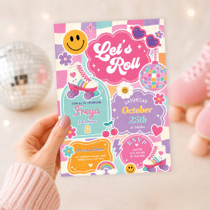 Retro Roller Skate Chequered Rainbow Girl Birthday Invitation