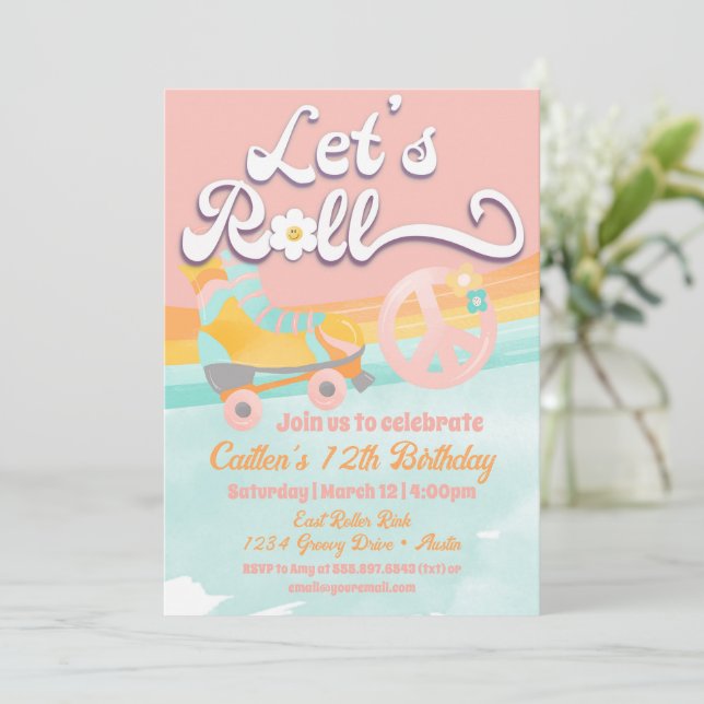 Retro Roller Skate Party Birthday Peace Sign Invitation (Standing Front)