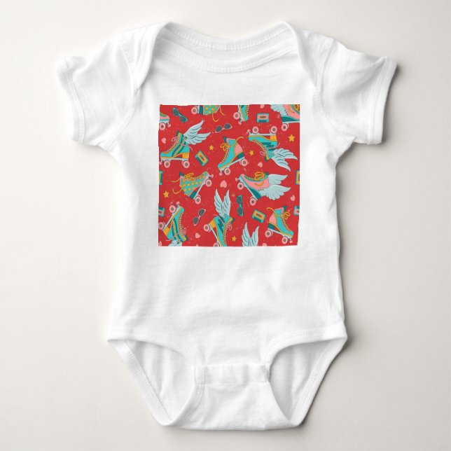 Retro Roller Skates: Bright Red Background Baby Bodysuit (Front)