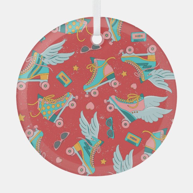 Retro Roller Skates: Bright Red Background Glass Tree Decoration (Front)