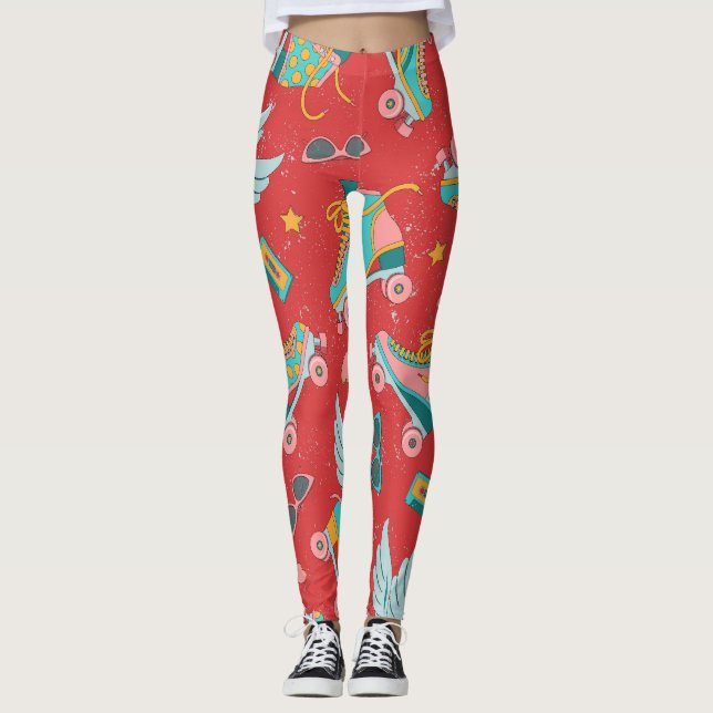 Retro Roller Skates: Bright Red Background Leggings (Front)