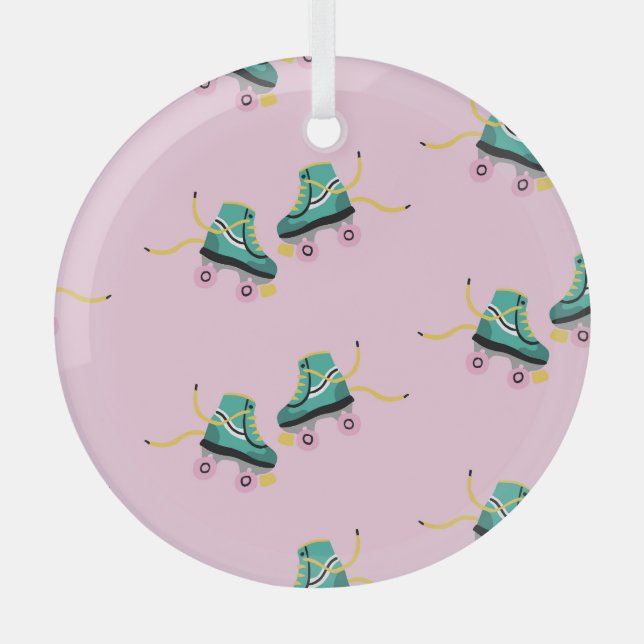 Retro roller skates: pink pattern. glass tree decoration (Front)