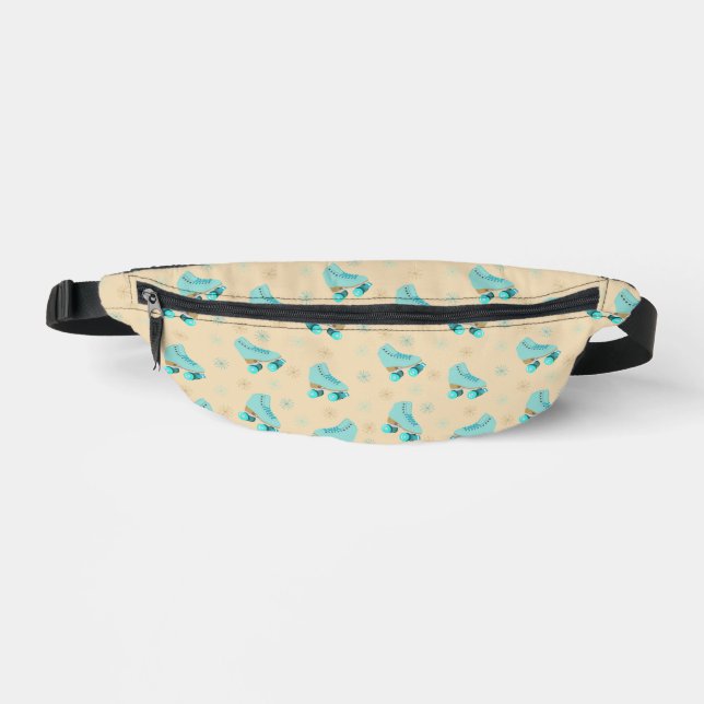 Retro Roller Skates Teal and Tan Patterned Bum Bags (Front)
