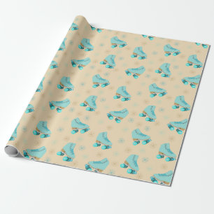 Retro Roller Skates Teal and Tan Patterned Wrapping Paper