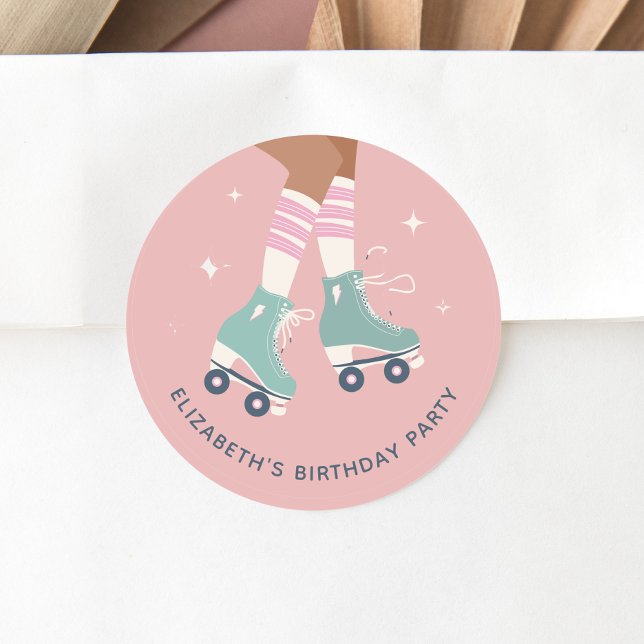 Retro Roller Skating Birthday Party Pink Classic Round Sticker (Creator Uploaded)